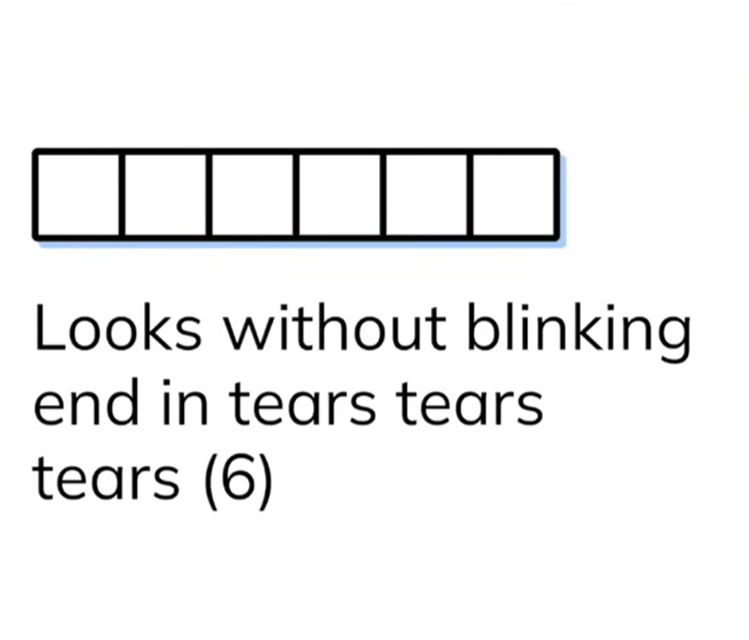 Cryptic crossword clue showing six empty letter boxes with the clue text Looks without blinking end in tears tears tears 6