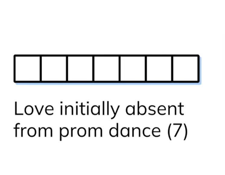 Cryptic crossword clue showing seven empty letter boxes with the clue text Love initially absent from prom dance 7
